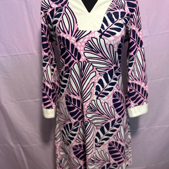All For Color Pink and Navy Leaf Pattern Dress - Picture 1 of 5
